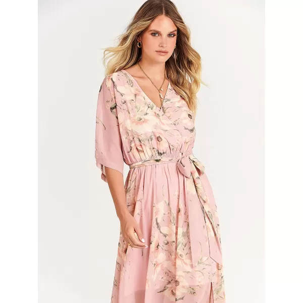 imageANRABESS Womens Summer Loose Kimono Maxi Dress Wrap V Neck 34 Sleeve Floral Print Slit Long DressesFloral Pink
