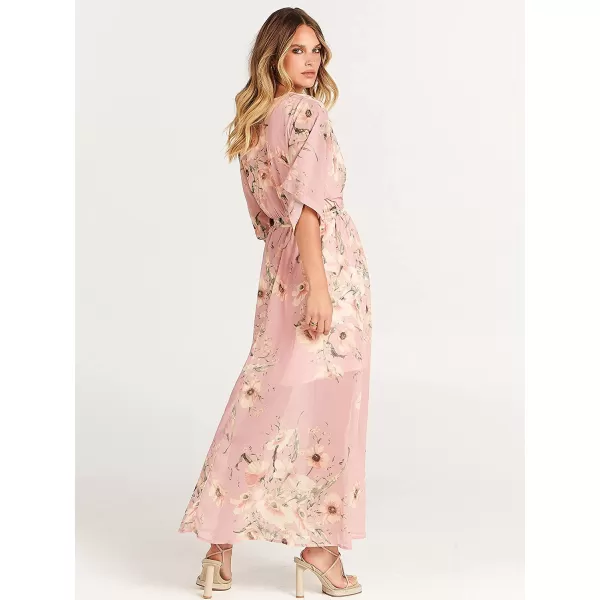 imageANRABESS Womens Summer Loose Kimono Maxi Dress Wrap V Neck 34 Sleeve Floral Print Slit Long DressesFloral Pink