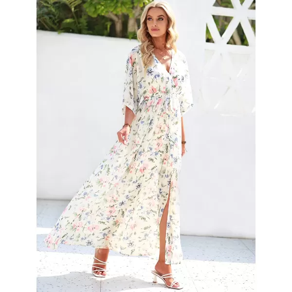 imageANRABESS Womens Summer Loose Kimono Maxi Dress Wrap V Neck 34 Sleeve Floral Print Slit Long DressesFloral Pink Blue