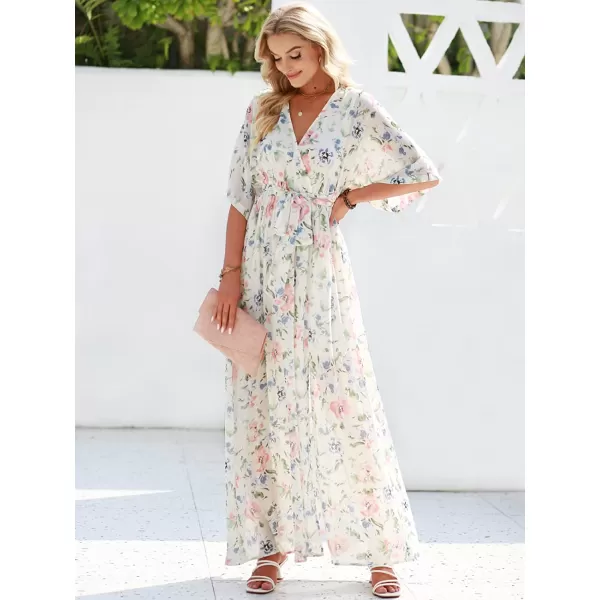 imageANRABESS Womens Summer Loose Kimono Maxi Dress Wrap V Neck 34 Sleeve Floral Print Slit Long DressesFloral Pink Blue