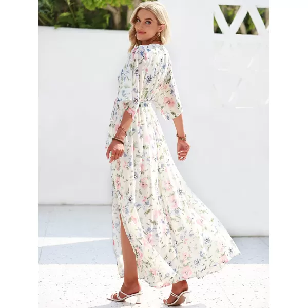 imageANRABESS Womens Summer Loose Kimono Maxi Dress Wrap V Neck 34 Sleeve Floral Print Slit Long DressesFloral Pink Blue