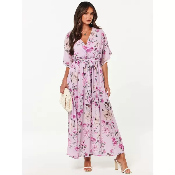 imageANRABESS Womens Summer Loose Kimono Maxi Dress Wrap V Neck 34 Sleeve Floral Print Slit Long DressesFloral Purple