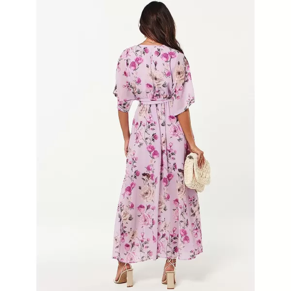 imageANRABESS Womens Summer Loose Kimono Maxi Dress Wrap V Neck 34 Sleeve Floral Print Slit Long DressesFloral Purple