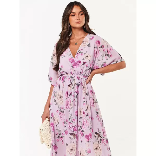 imageANRABESS Womens Summer Loose Kimono Maxi Dress Wrap V Neck 34 Sleeve Floral Print Slit Long DressesFloral Purple
