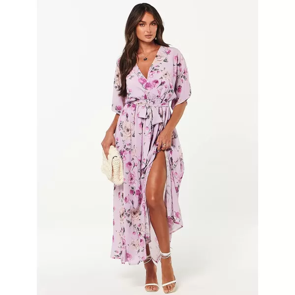 imageANRABESS Womens Summer Loose Kimono Maxi Dress Wrap V Neck 34 Sleeve Floral Print Slit Long DressesFloral Purple