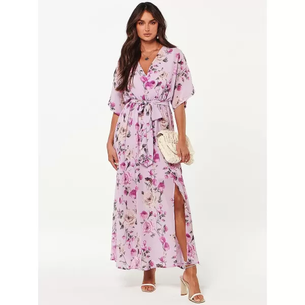 imageANRABESS Womens Summer Loose Kimono Maxi Dress Wrap V Neck 34 Sleeve Floral Print Slit Long DressesFloral Purple