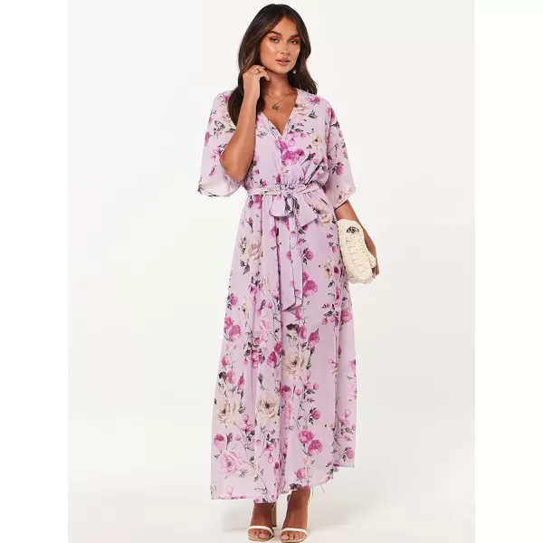 imageANRABESS Womens Summer Loose Kimono Maxi Dress Wrap V Neck 34 Sleeve Floral Print Slit Long DressesFloral Purple