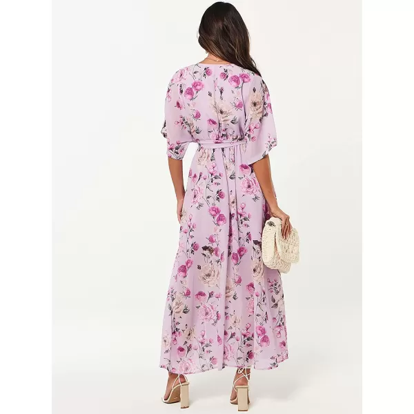 imageANRABESS Womens Summer Loose Kimono Maxi Dress Wrap V Neck 34 Sleeve Floral Print Slit Long DressesFloral Purple