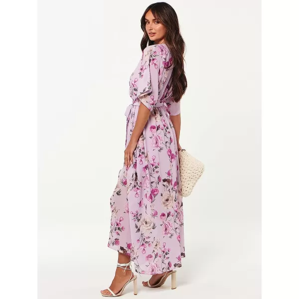imageANRABESS Womens Summer Loose Kimono Maxi Dress Wrap V Neck 34 Sleeve Floral Print Slit Long DressesFloral Purple