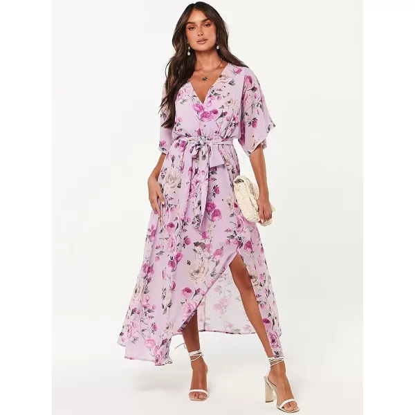 imageANRABESS Womens Summer Loose Kimono Maxi Dress Wrap V Neck 34 Sleeve Floral Print Slit Long DressesFloral Purple