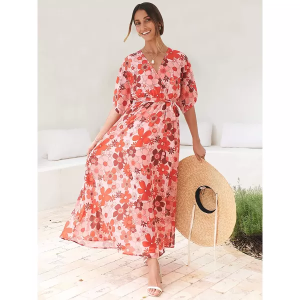 imageANRABESS Womens Summer Loose Kimono Maxi Dress Wrap V Neck 34 Sleeve Floral Print Slit Long DressesFloral Red Pink