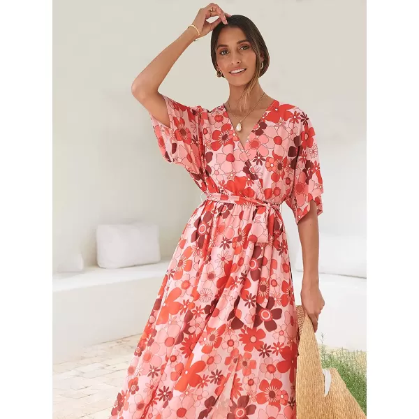 imageANRABESS Womens Summer Loose Kimono Maxi Dress Wrap V Neck 34 Sleeve Floral Print Slit Long DressesFloral Red Pink