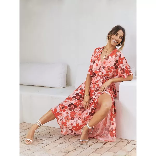 imageANRABESS Womens Summer Loose Kimono Maxi Dress Wrap V Neck 34 Sleeve Floral Print Slit Long DressesFloral Red Pink