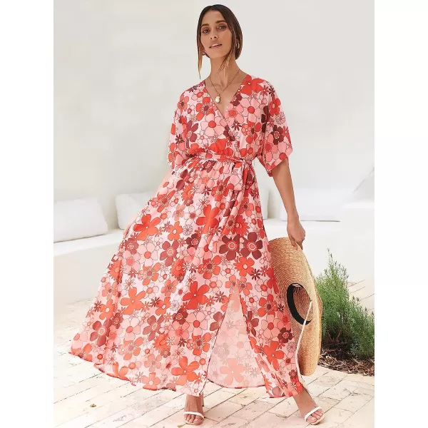 imageANRABESS Womens Summer Loose Kimono Maxi Dress Wrap V Neck 34 Sleeve Floral Print Slit Long DressesFloral Red Pink