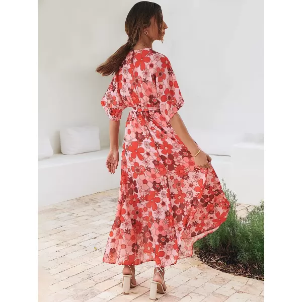imageANRABESS Womens Summer Loose Kimono Maxi Dress Wrap V Neck 34 Sleeve Floral Print Slit Long DressesFloral Red Pink
