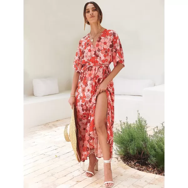 imageANRABESS Womens Summer Loose Kimono Maxi Dress Wrap V Neck 34 Sleeve Floral Print Slit Long DressesFloral Red Pink