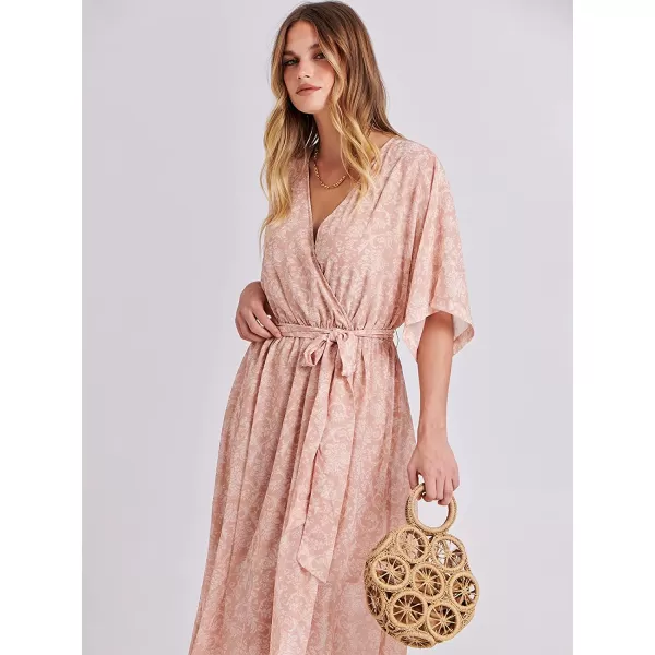 imageANRABESS Womens Summer Loose Kimono Maxi Dress Wrap V Neck 34 Sleeve Floral Print Slit Long DressesFloral Rose Gold