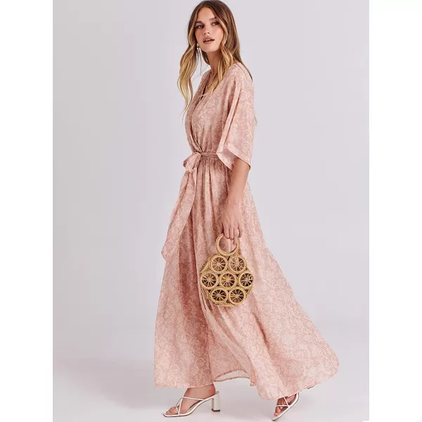 imageANRABESS Womens Summer Loose Kimono Maxi Dress Wrap V Neck 34 Sleeve Floral Print Slit Long DressesFloral Rose Gold
