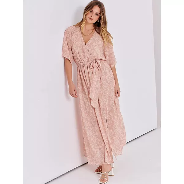 imageANRABESS Womens Summer Loose Kimono Maxi Dress Wrap V Neck 34 Sleeve Floral Print Slit Long DressesFloral Rose Gold