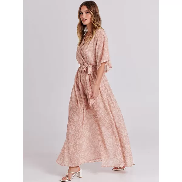 imageANRABESS Womens Summer Loose Kimono Maxi Dress Wrap V Neck 34 Sleeve Floral Print Slit Long DressesFloral Rose Gold