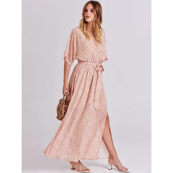 imageANRABESS Womens Summer Loose Kimono Maxi Dress Wrap V Neck 34 Sleeve Floral Print Slit Long DressesFloral Rose Gold