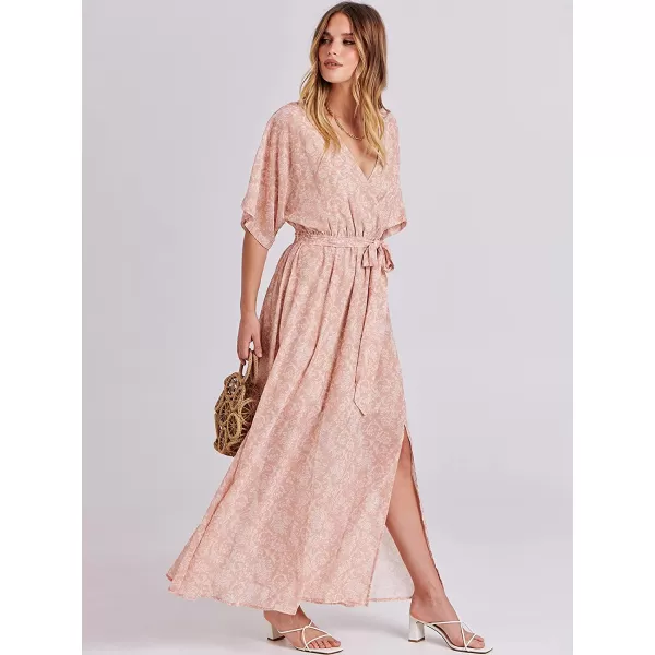 imageANRABESS Womens Summer Loose Kimono Maxi Dress Wrap V Neck 34 Sleeve Floral Print Slit Long DressesFloral Rose Gold