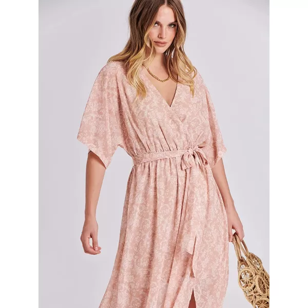 imageANRABESS Womens Summer Loose Kimono Maxi Dress Wrap V Neck 34 Sleeve Floral Print Slit Long DressesFloral Rose Gold