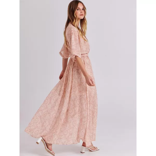 imageANRABESS Womens Summer Loose Kimono Maxi Dress Wrap V Neck 34 Sleeve Floral Print Slit Long DressesFloral Rose Gold