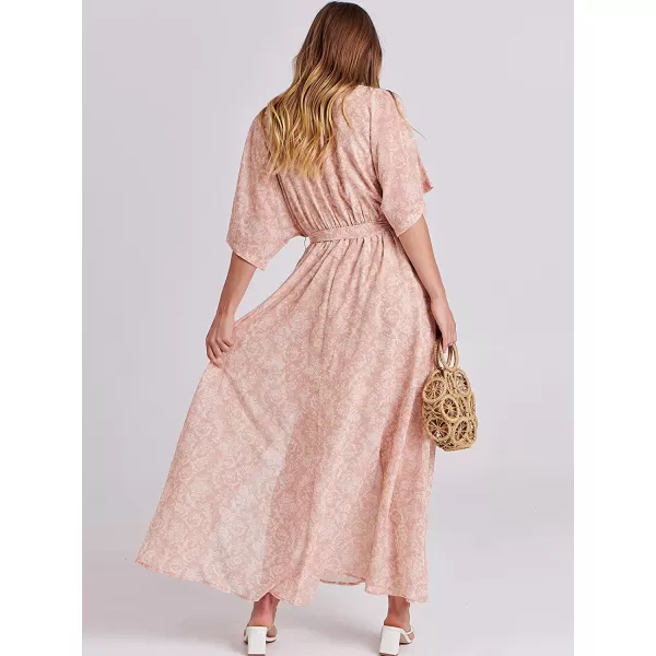 imageANRABESS Womens Summer Loose Kimono Maxi Dress Wrap V Neck 34 Sleeve Floral Print Slit Long DressesFloral Rose Gold