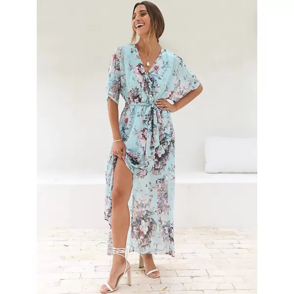 imageANRABESS Womens Summer Loose Kimono Maxi Dress Wrap V Neck 34 Sleeve Floral Print Slit Long DressesFloral Sky Blue