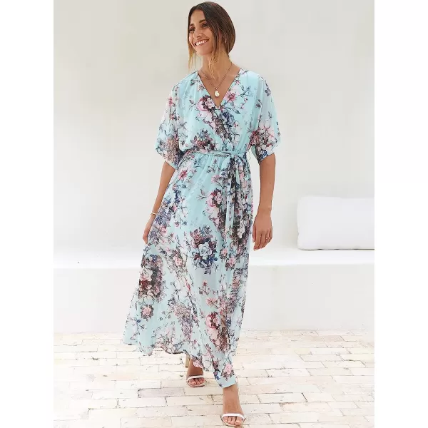 imageANRABESS Womens Summer Loose Kimono Maxi Dress Wrap V Neck 34 Sleeve Floral Print Slit Long DressesFloral Sky Blue