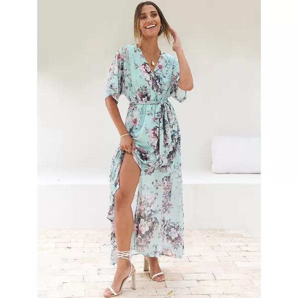 imageANRABESS Womens Summer Loose Kimono Maxi Dress Wrap V Neck 34 Sleeve Floral Print Slit Long DressesFloral Sky Blue