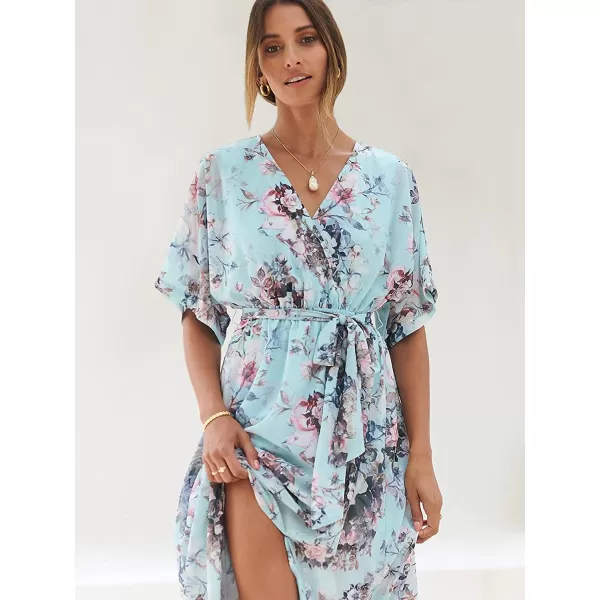 imageANRABESS Womens Summer Loose Kimono Maxi Dress Wrap V Neck 34 Sleeve Floral Print Slit Long DressesFloral Sky Blue
