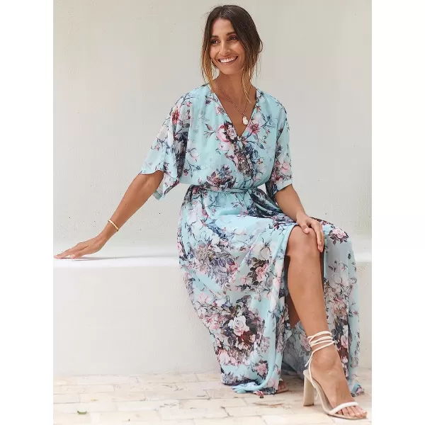 imageANRABESS Womens Summer Loose Kimono Maxi Dress Wrap V Neck 34 Sleeve Floral Print Slit Long DressesFloral Sky Blue