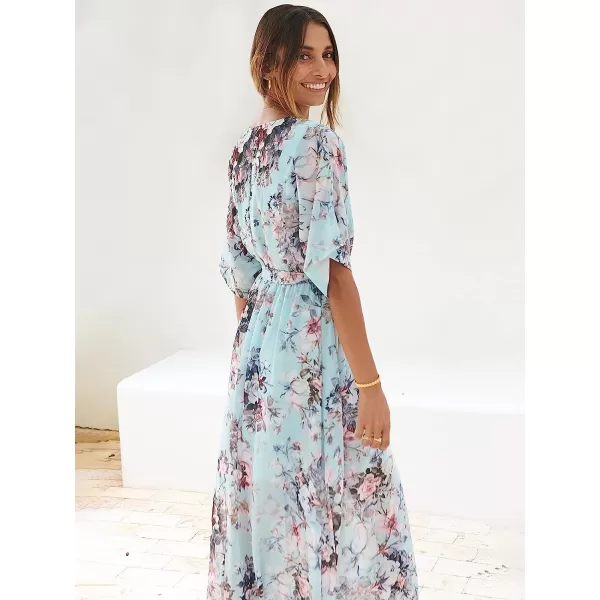 imageANRABESS Womens Summer Loose Kimono Maxi Dress Wrap V Neck 34 Sleeve Floral Print Slit Long DressesFloral Sky Blue