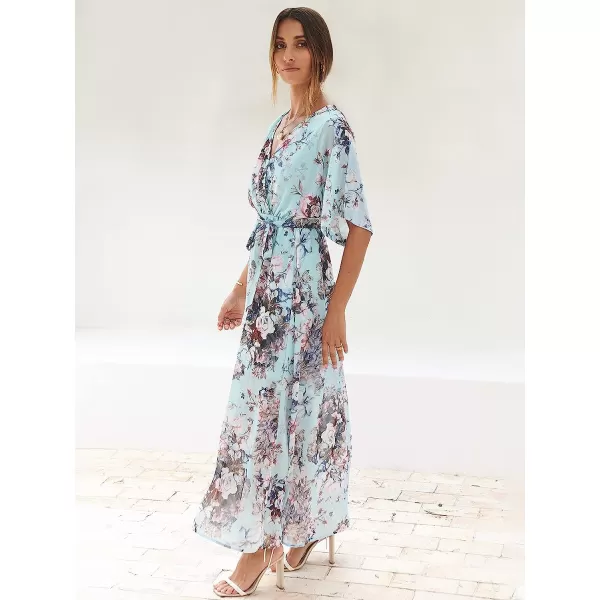 imageANRABESS Womens Summer Loose Kimono Maxi Dress Wrap V Neck 34 Sleeve Floral Print Slit Long DressesFloral Sky Blue