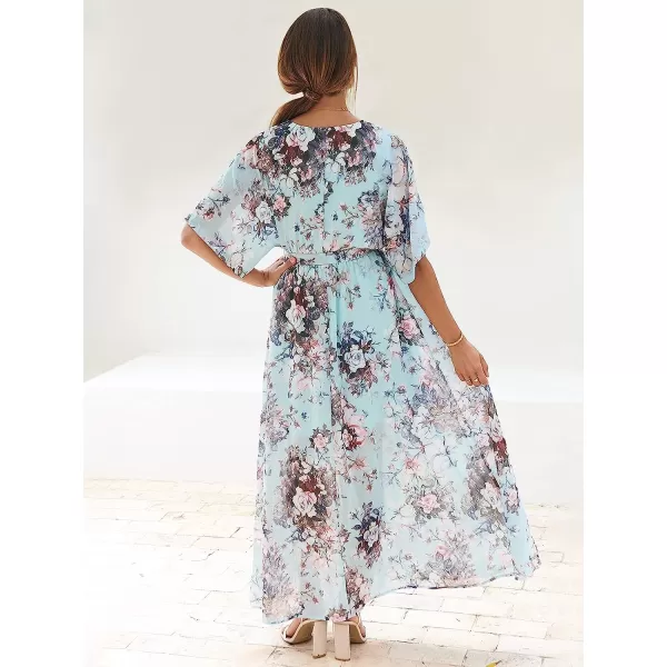 imageANRABESS Womens Summer Loose Kimono Maxi Dress Wrap V Neck 34 Sleeve Floral Print Slit Long DressesFloral Sky Blue