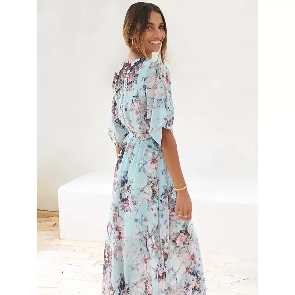 imageANRABESS Womens Summer Loose Kimono Maxi Dress Wrap V Neck 34 Sleeve Floral Print Slit Long DressesFloral Sky Blue