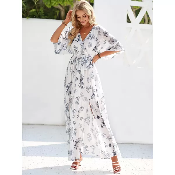imageANRABESS Womens Summer Loose Kimono Maxi Dress Wrap V Neck 34 Sleeve Floral Print Slit Long DressesFloral White Teal