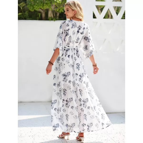 imageANRABESS Womens Summer Loose Kimono Maxi Dress Wrap V Neck 34 Sleeve Floral Print Slit Long DressesFloral White Teal