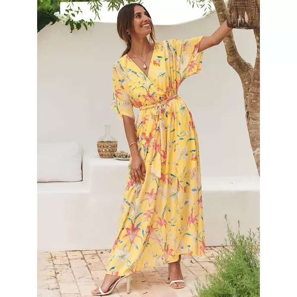 imageANRABESS Womens Summer Loose Kimono Maxi Dress Wrap V Neck 34 Sleeve Floral Print Slit Long DressesFloral Yellow