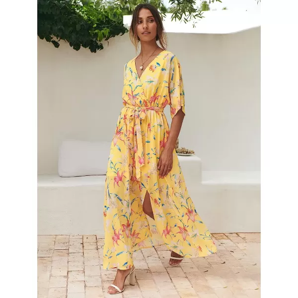 imageANRABESS Womens Summer Loose Kimono Maxi Dress Wrap V Neck 34 Sleeve Floral Print Slit Long DressesFloral Yellow