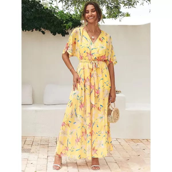 imageANRABESS Womens Summer Loose Kimono Maxi Dress Wrap V Neck 34 Sleeve Floral Print Slit Long DressesFloral Yellow