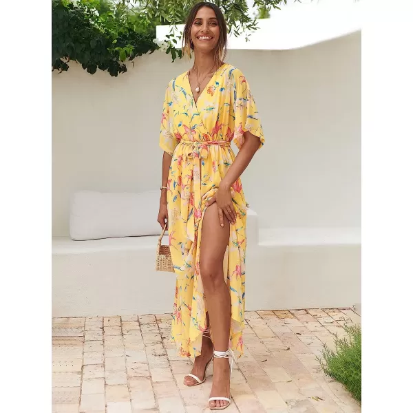 imageANRABESS Womens Summer Loose Kimono Maxi Dress Wrap V Neck 34 Sleeve Floral Print Slit Long DressesFloral Yellow