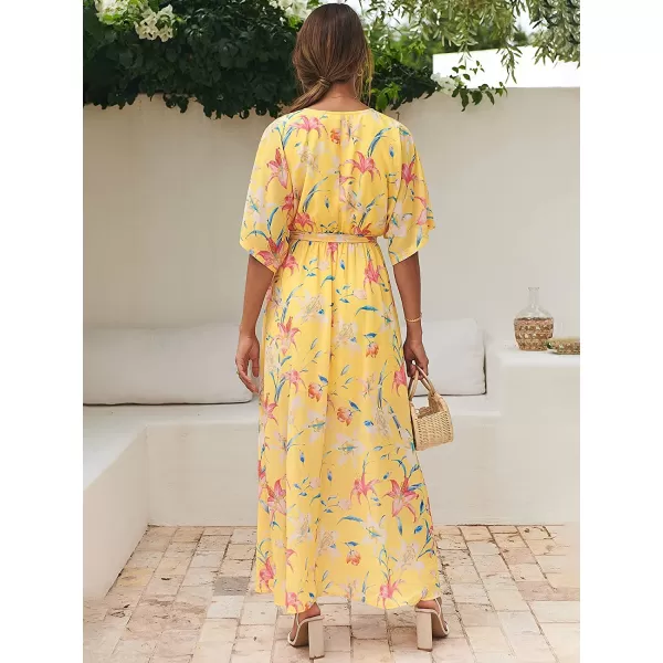 imageANRABESS Womens Summer Loose Kimono Maxi Dress Wrap V Neck 34 Sleeve Floral Print Slit Long DressesFloral Yellow