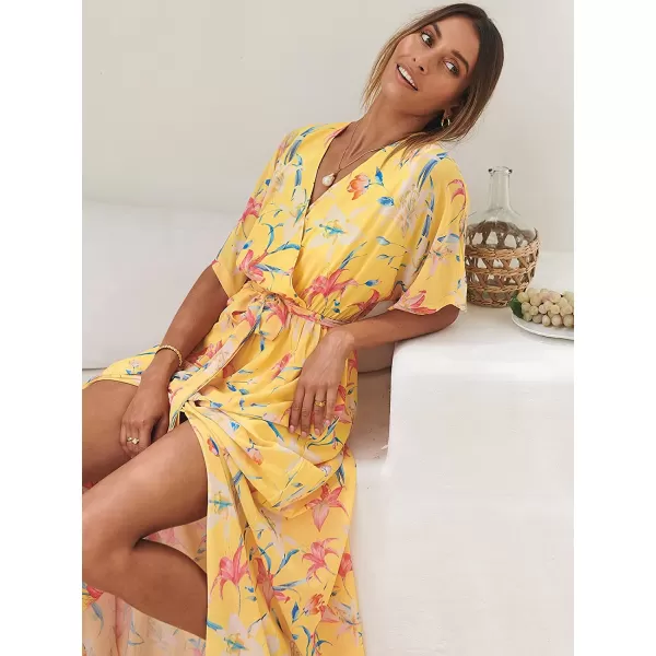 imageANRABESS Womens Summer Loose Kimono Maxi Dress Wrap V Neck 34 Sleeve Floral Print Slit Long DressesFloral Yellow