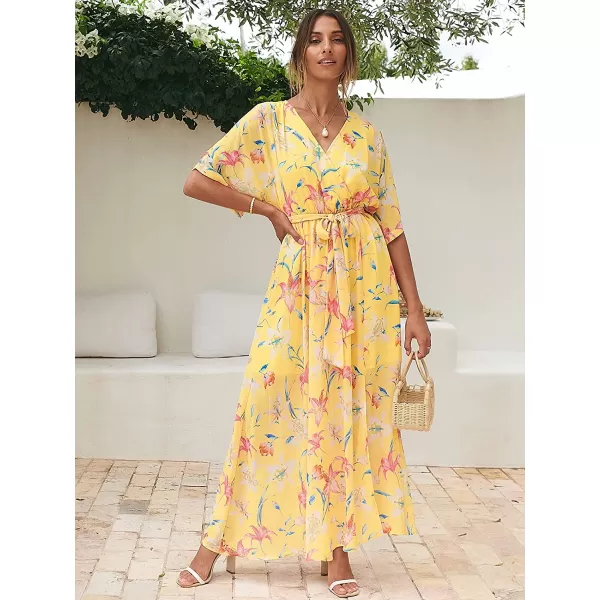 imageANRABESS Womens Summer Loose Kimono Maxi Dress Wrap V Neck 34 Sleeve Floral Print Slit Long DressesFloral Yellow