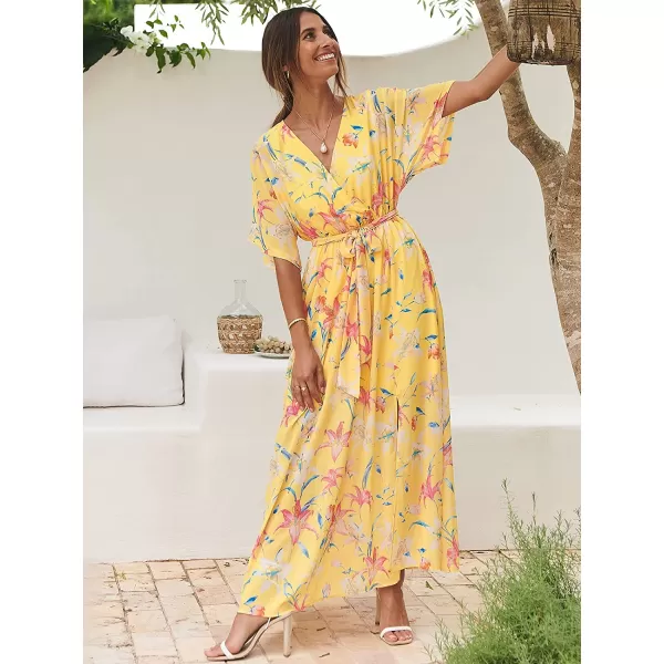 imageANRABESS Womens Summer Loose Kimono Maxi Dress Wrap V Neck 34 Sleeve Floral Print Slit Long DressesFloral Yellow