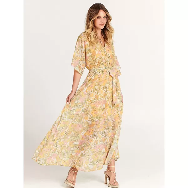 imageANRABESS Womens Summer Loose Kimono Maxi Dress Wrap V Neck 34 Sleeve Floral Print Slit Long DressesFloral Yellow Pink