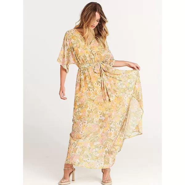 imageANRABESS Womens Summer Loose Kimono Maxi Dress Wrap V Neck 34 Sleeve Floral Print Slit Long DressesFloral Yellow Pink
